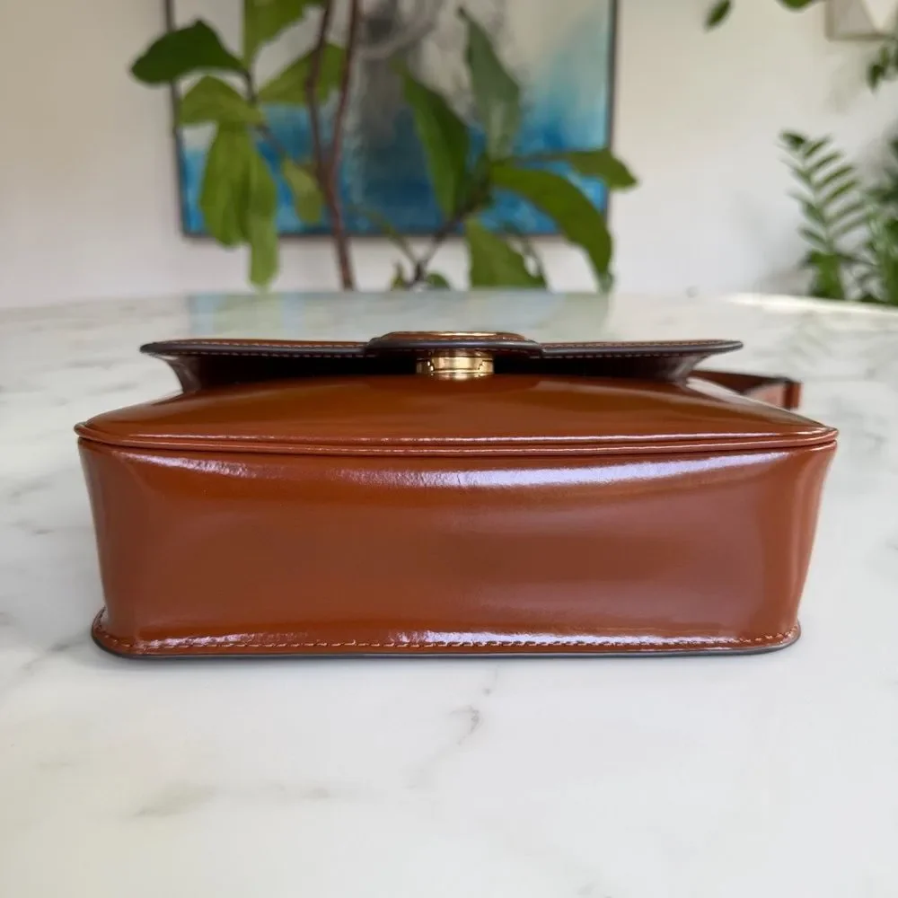 Tory Burch Robinson Spazzolato Leather Shoulder Bag Dark Sienna Brown Patent